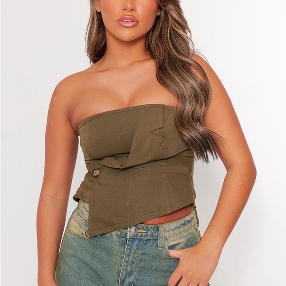 PrettyLittleThing Tops - Prettylittlething Khaki Woven Bandeau Waist Coat